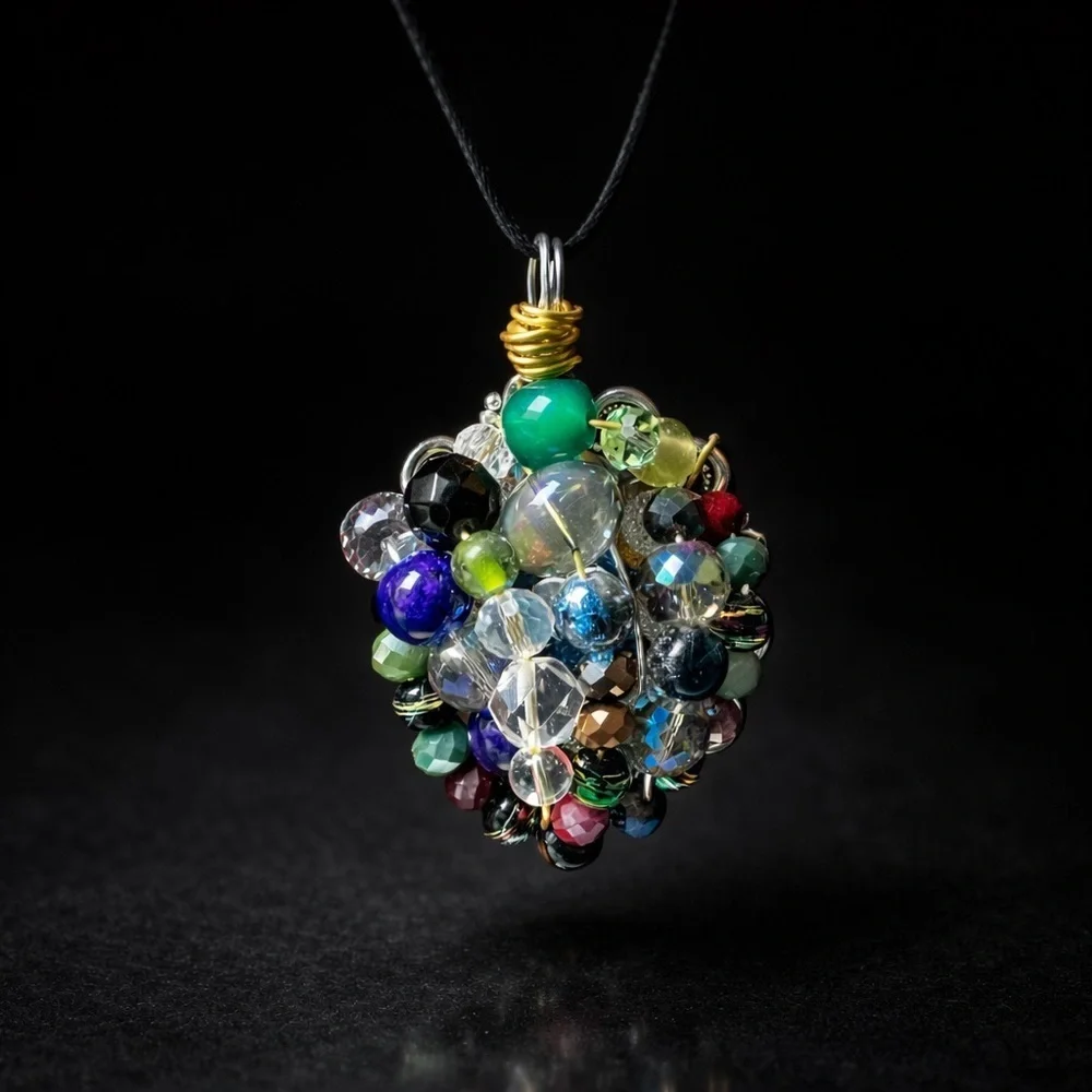 RUBYRUDI OOAK Boho Luxe Crystal Glass Pendant Necklace Cluster Artisan Jewelry